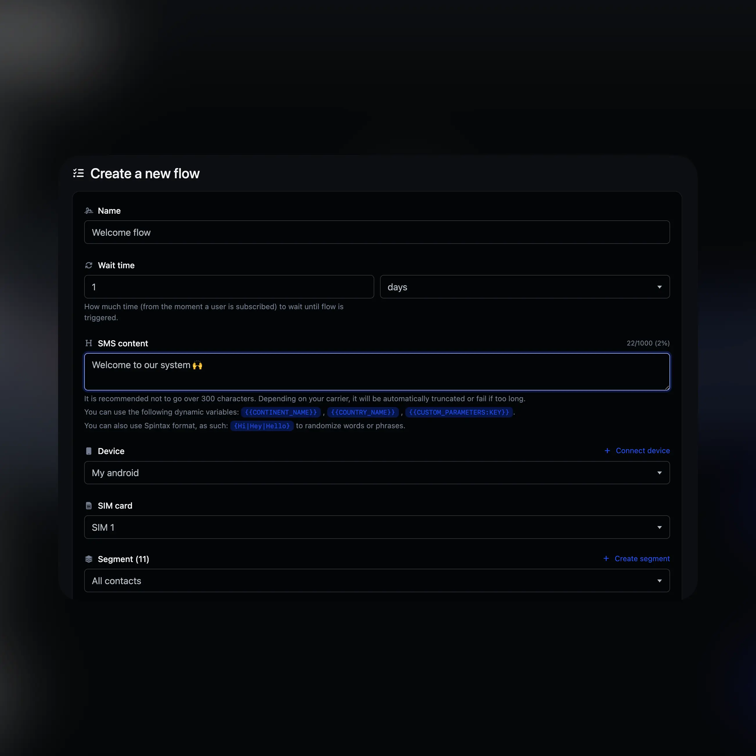 Captura de tela da página de gerenciamento de fluxos