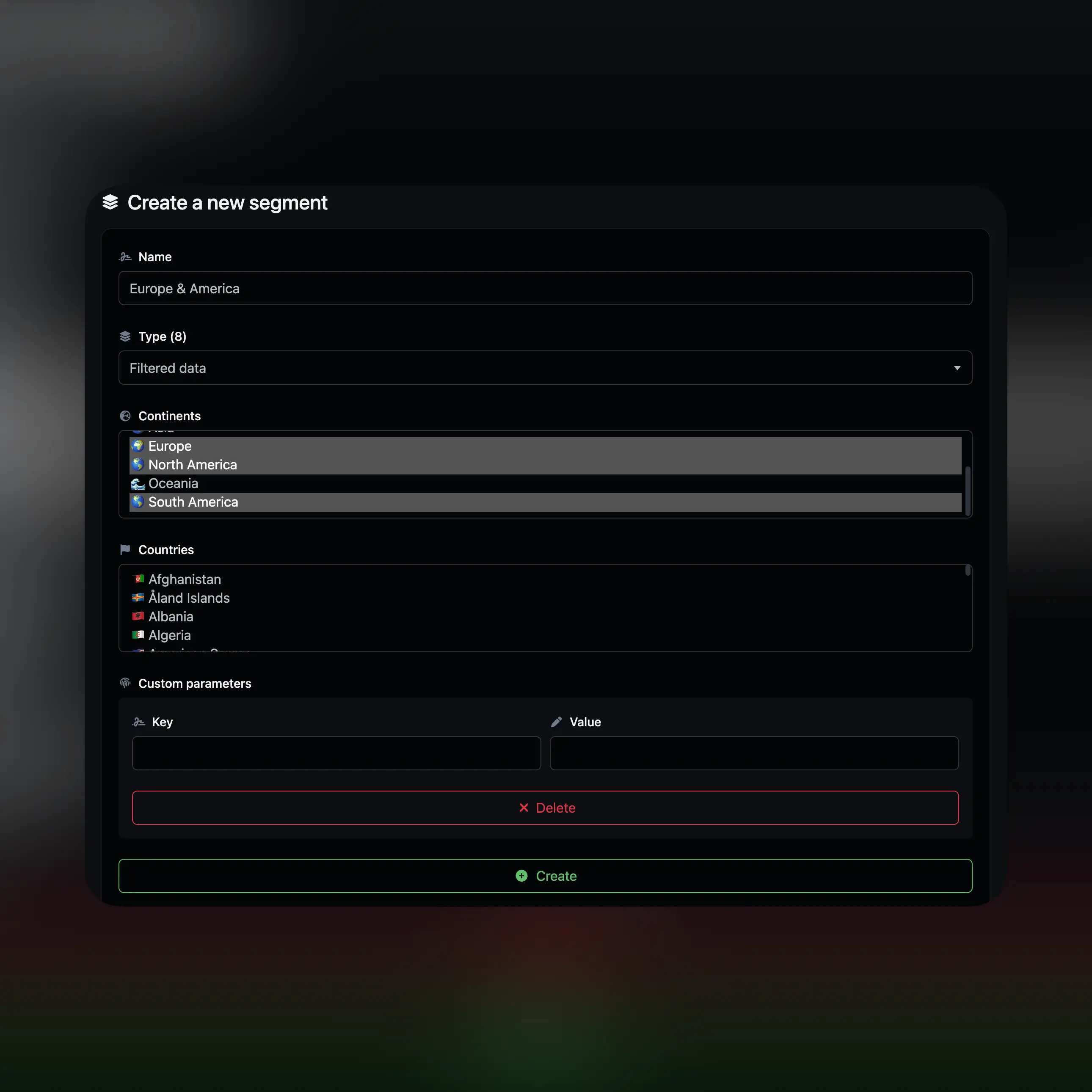 Captura de tela da gestão e edição de segmentos